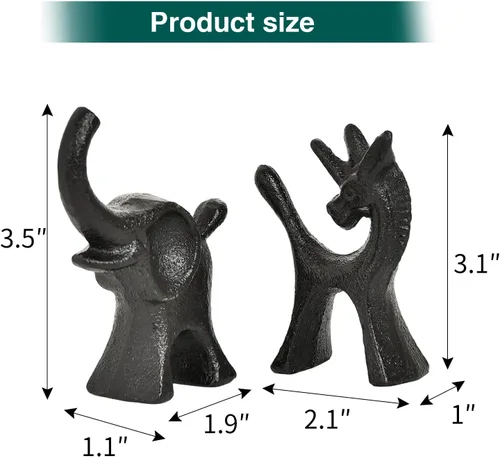 Vista 6 de Sungmor Juego de 2 figuras de hierro fundido de elefante y unicornio - Esculturas rústicas en negro para estante, escritorio o entrada - Estatuas