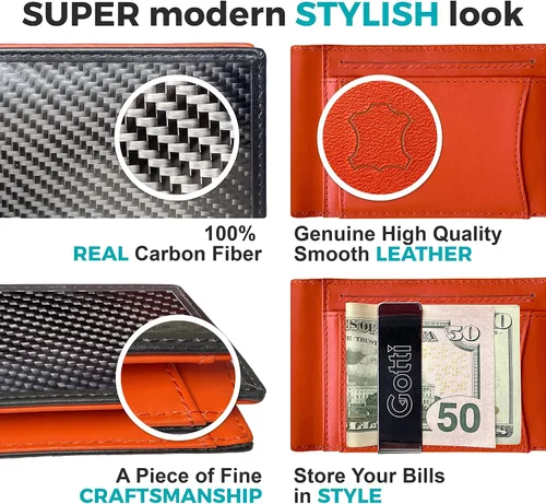 Vista 4 de Gotti Carteras para hombre, bloqueo RFID plegable, NegroGris, Naranja, Clip para dinero Sin compartimento para efectivo