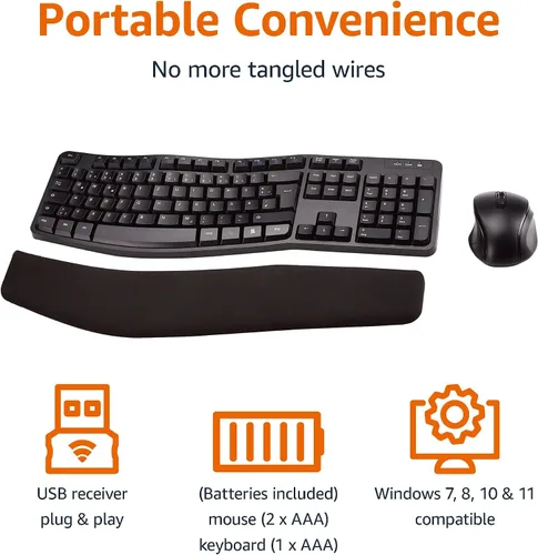 Vista 2 de Amazon Basics Combo ergonómico de teclado y mouse inalámbricos para un uso cómodo de PC y portátil, USB de 2.4 GHz, color negro