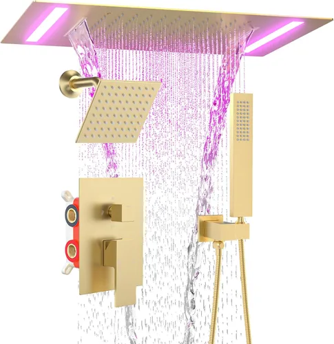 Vista 14 de ENGA Sistema de ducha dorado brillante con chorros corporales, 2 en 1 funciones de montaje en techo, cabezal de ducha LED de 14 x 20 pulgadas con 4