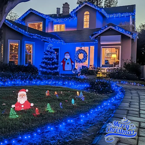 Vista 3 de JMEXSUSS 250 luces LED azules de Navidad: cadena de luces azules extensibles de 91.5 pies para interiores y exteriores, impermeable, con 8 modos