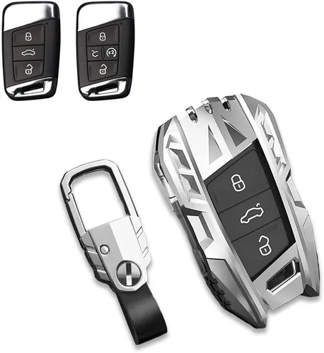 Vista 9 de Aleación de zinc Smart Car Key Fob Case Cover Holder para Volkswagen VW Passat Tiguan Atlas Golf Alltrack con llavero