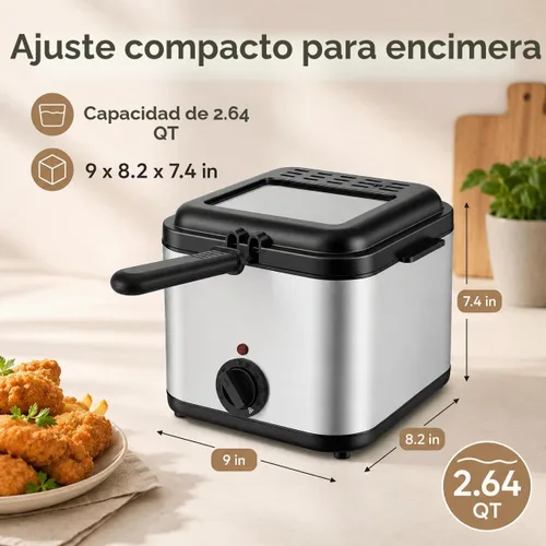 Vista 2 de Freidora profunda de 1000 W con canasta, freidora eléctrica de acero inoxidable de 2.64 cuartos de galón para uso doméstico, freidora