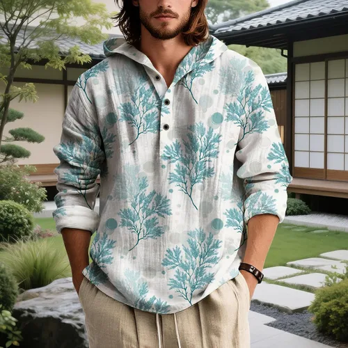 Vista 2 de Sudadera con capucha con estampado bohemio para hombre, de otoño, a la moda, con un cuarto de botón, manga larga, holgada, con capucha, de gran