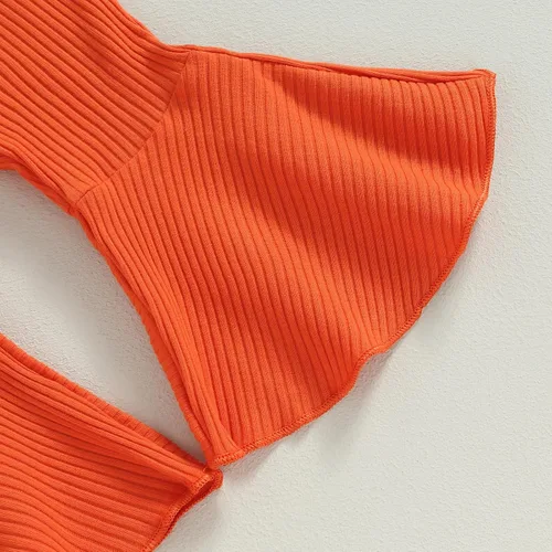 Vista 7 de Conjunto de ropa de Halloween para niña pequeña, divertido mameluco con letras de calabaza + pantalones acampanados acanalados de moda, traje