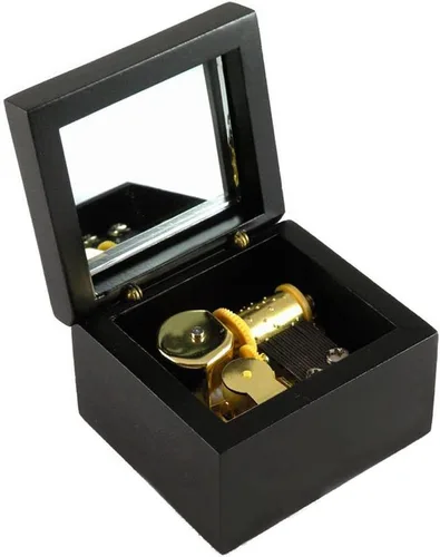 Vista 3 de Caja de música de madera enrollada con movimiento chapado en oro, piel Elise, negro