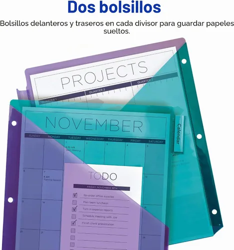 Vista 7 de Avery Big Tab - Separadores de plástico insertables con 2 bolsillos para carpetas de 3 anillas, juego de 5 pestañas, multicolor brillante de dos