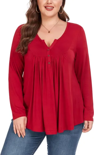Vista 2 de Camiseta básica para mujer, talla grande, cuello Henley, con botones, ajuste holgado, estilo casual