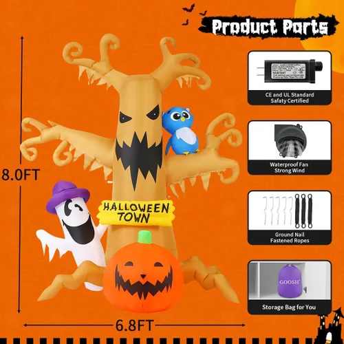 Vista 6 de GOOSH Árbol muerto inflable de Halloween de 8 pies para decoración al aire libre con fantasmas de búho y calabazas, decoraciones de patio inflables