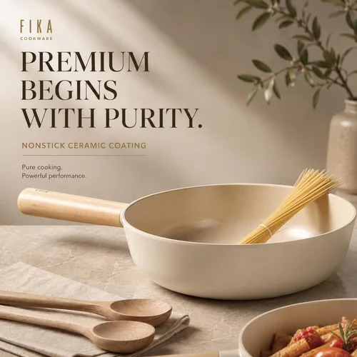 Vista 9 de FIKA - Sartén para wok con revestimiento de cerámica antiadherente de 10 pulgadas con mango de madera natural, compatible con inducción, sartén