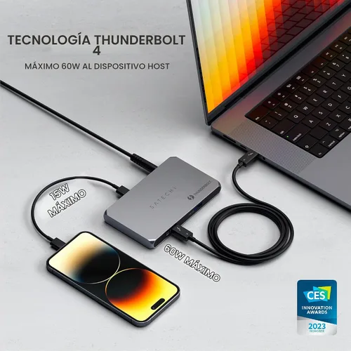 Vista 4 de Satechi Hub delgado Thunderbolt 4 5-en-1, carga USB C de 60W, pantalla única de 8K o doble de 4K, 4 puertos Thunderbolt 4, USB 3.2 Gen2, compatible