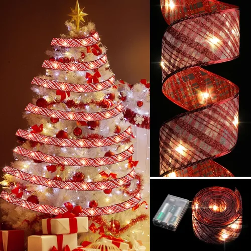 Vista 8 de Luces de cinta de Navidad 16.4 pies, cinta de árbol de Navidad con brillo, luces de cadena operadas a batería para interiores/exteriores