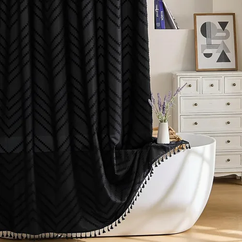 Vista 70 de Cortina de ducha Siiluminisoy de 36x72 beige, cortina de ducha de tela de tamaño pequeño, cortinas de ducha de tela con tufting, diseño chevron a