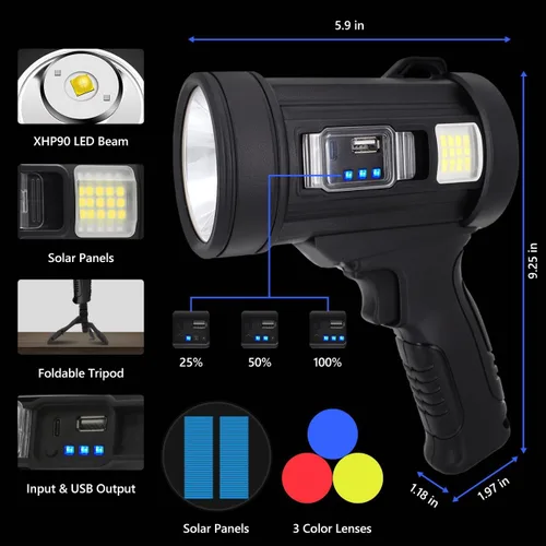 Vista 5 de Foco de 100000 Lúmenes, 6 Modos Linterna LED Recargable Como Se Ve en TV con Trípode, Filtros de Color, Luces Solares Super Brillantes
