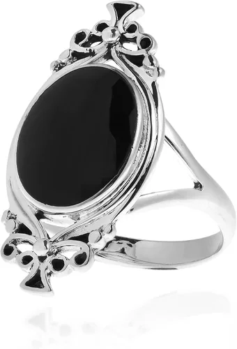Vista 2 de Anillo ovalado de plata esterlina 925 de estilo vintage de ónix negro simulado