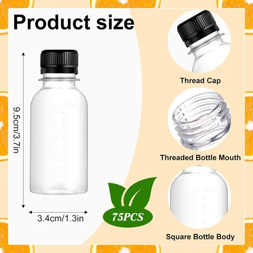 Vista 2 de 75 piezas de botellas pequeñas de plástico de 3.5 onzas para líquidos, botellas de chupito de jugo con tapas, botellas reutilizables para chupito
