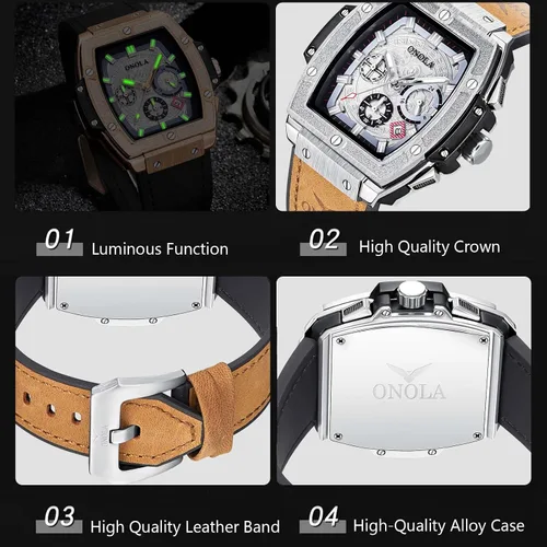 Vista 4 de RORIOS Reloj de cuarzo para hombre, resistente al agua, retro, multifuncional, casual, cronógrafo, cronógrafo, correa de cuero, reloj