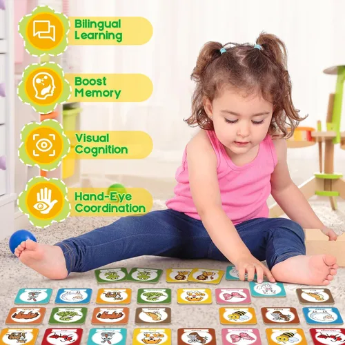 Vista 3 de Edulok Juego de tarjetas de memoria, juego de partidos para niños pequeños, aprender español para niños, tarjetas flash bilingües, juguetes