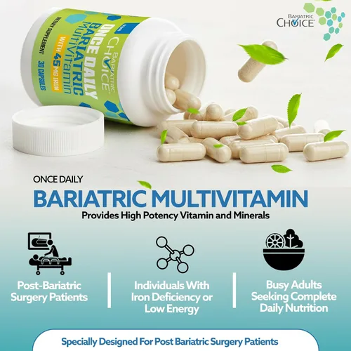 Vista 4 de Bariatric Choice Multivitamínico bariátrico una vez al día con 45 mg de hierro, cápsula fácil de tragar, vitamina para pacientes de cirugía