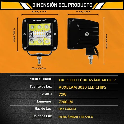 Vista 5 de Auxbeam Barra de luz LED de 3 pulgadas, 72 W, color ámbar/blanco, luces de conducción todoterreno para camión, SUV, barco, 4x4, Jeep Wrangler