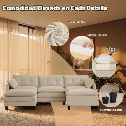 Vista 3 de Amsleekey Sofá Seccional Modular, 111.5" en Forma de U de Pana Cómodo Sofás Seccionales para Sala de Estar, Sofás Nube de 3 Plazas con 2 Otomanas