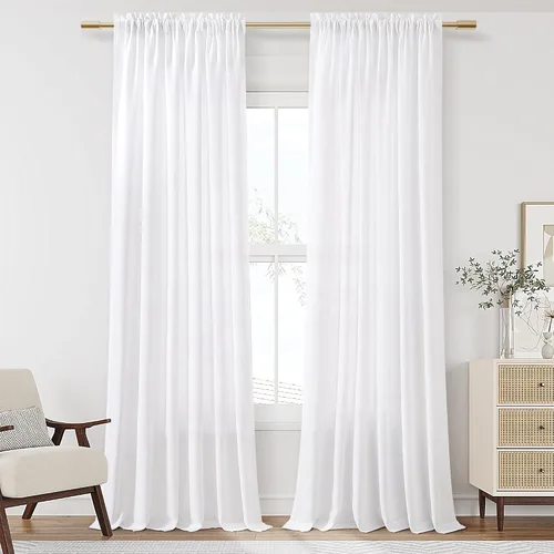 Vista 102 de Cortinas de lino verde aguamarina de 84 pulgadas de largo, juego de 2 paneles semitransparentes con bolsillo para barra para comedor, decoración