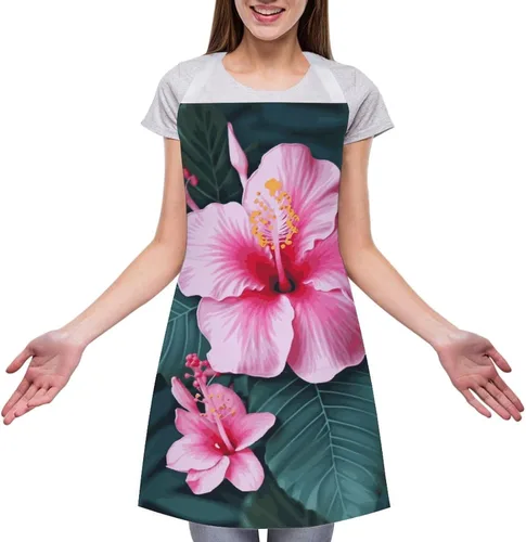 Vista 3 de MUSM Hawaii Pink Flower Apron，Classic Vintage Funny with Pockets Aprons,Adjustable Bib Waterdrop Resistant for Kitchen Cooking Restaurant BBQ