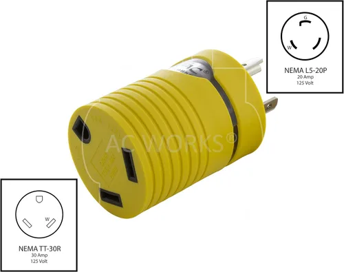Vista 2 de AC WORKS Generador a adaptador RV de 30 amperios (L5-20 20A 3 clavijas de bloqueo compacto) Amarillo