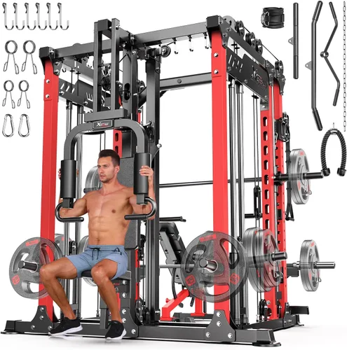 Vista 25 de XGSW Smith Machine Gimnasio en casa, jaula de potencia multifunción con sistema cruzado de cable de polea doble, estante para sentadillas para L06