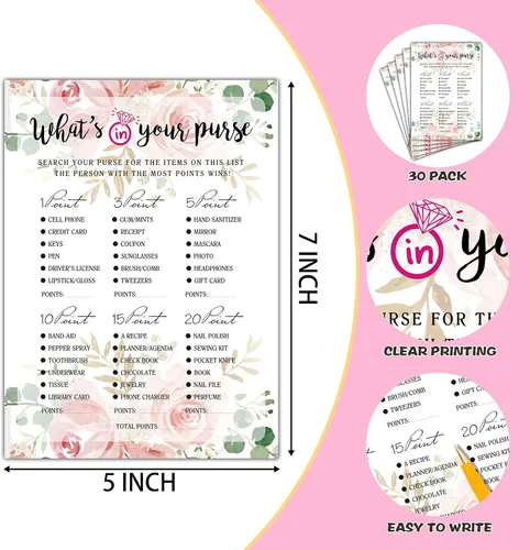 Vista 2 de Juego de despedida de soltera – What In Your Purse Tarjetas de fiesta para boda – Decoración floral de fiesta de boda – Suministros y actividades