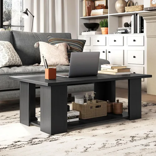 Vista 2 de Tangkula Mesa auxiliar de 2 niveles, moderna mesa de cóctel rectangular con 5 patas de soporte, muebles de sala de estar con acento de madera, mesa