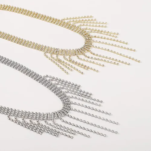 Vista 7 de Dcfywl731 Gargantilla con borlas de diamantes de imitación, collares de cristal multicapa, cadena de tenis brillante, collar con flecos para mujer