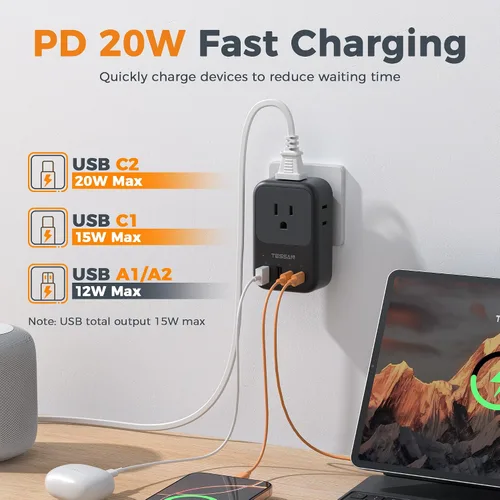 Vista 2 de TESSAN Bloque de cargador USB C de 20 W PD, adaptador de carga rápida con enchufe plegable, extensor de toma de corriente de 1875 W (4 CA y 4 USB)