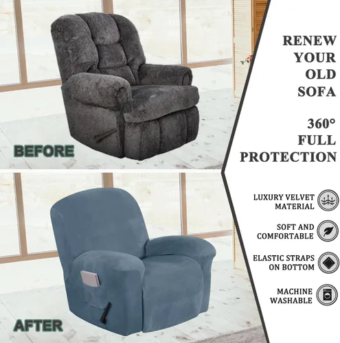 Vista 5 de Aedlcal Fundas para silla reclinable, 4 piezas, con bolsillo lateral, de terciopelo suave y elástico, para niños y mascotas, protector de muebles