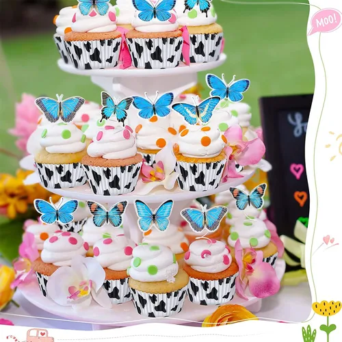 Vista 4 de Gyufise 36 adornos de mariposa para cupcakes, arte animado en 3D, decoración de cupcakes de mariposa, decoración de pastel de mariposa, baby shower