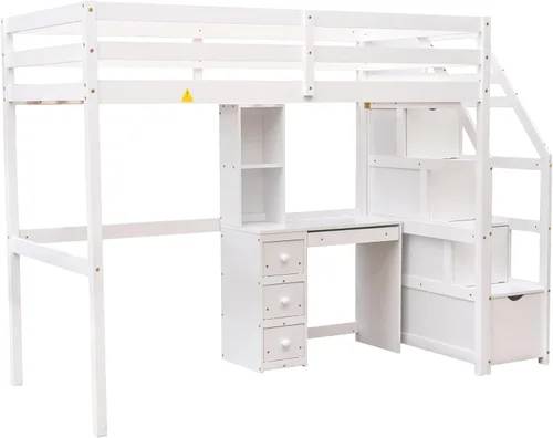 Vista 8 de Bellemave Cama alta con escritorio y escaleras, litera individual sobre cama individual con cajones de almacenamiento y estantes, camas altas