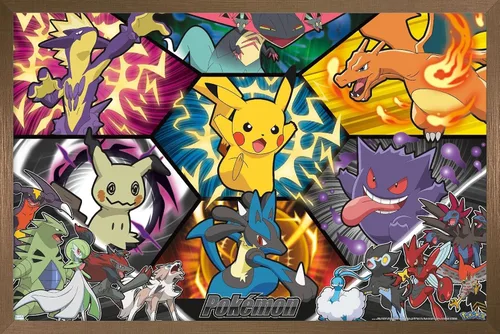 Vista 15 de Trends International Pokémon: Battle Art - Póster de pared de grupo, 22.4 pulgadas de largo x 14.7 pulgadas, versión enmarcada en madera de granero