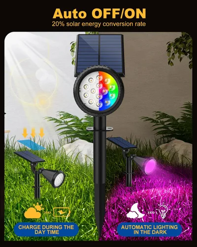 Vista 3 de Focos solares para exteriores, cambio de color, 7 modos/14 luces LED solares para exteriores, impermeables, RGB multicolor, luces solares