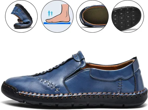 Vista 4 de MCEMACHI Mocasines de cuero para hombre, sin cordones, costuras a mano, zapatos casuales de moda para conducir Arkget para hombre. Incluye plantilla