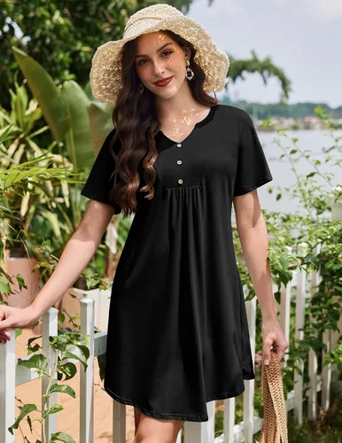 Vista 3 de Ekouaer Camisones para mujer de algodón Vestidos de noche Plisados Camisones Henley Cuello en V Camisas de dormir de manga corta Ropa de dormir