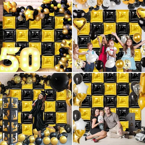 Vista 7 de MEMOVAN Globos cuadrados de papel de aluminio negro y dorado, telón de fondo de pared de doble cara, globos metálicos negros y dorados, guirnalda