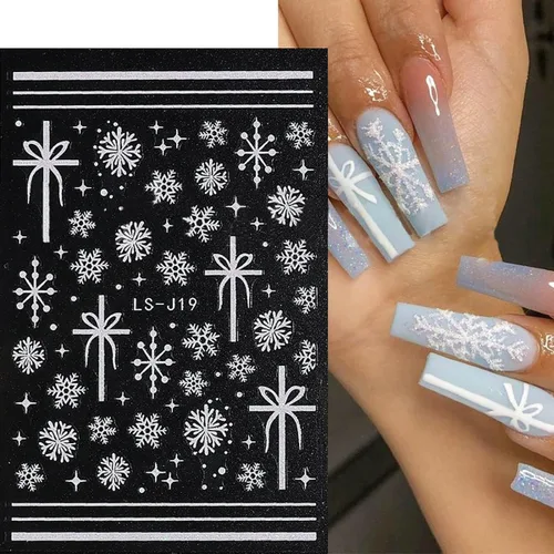 Vista 2 de 6 hojas de calcomanías de uñas de copo de nieve plateado con purpurina 3D, autoadhesivas, diseño de uñas de invierno, diseño de uñas de reno, copos