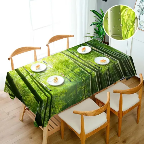 Vista 3 de Swono - Mantel rectangular de bambú con diseño de luz solar y bosque de bambú - Mantel a cuadros lavable para mesa de cocina, cena de festividades
