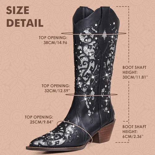 Vista 4 de SaraIris Botas vaqueras para mujer, botas vaqueras, botas occidentales, tacón grueso, punta puntiaguda, con diamantes de imitación bordados, botas