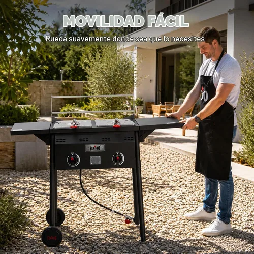 Vista 3 de Freidora profunda al aire libre de propano Feasto, tanque doble con quemadores independientes dobles de hierro fundido y termómetros, olla