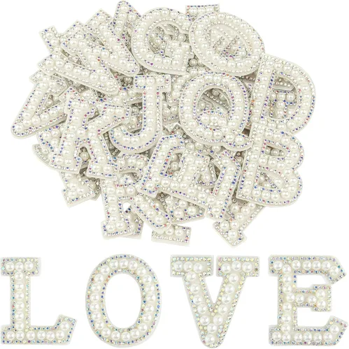 Vista 9 de Morcheiong 26 piezas de parches de letras con diamantes de imitación de perlas autoadhesivas A-Z, parches de letras de perlas para pegar en ropa