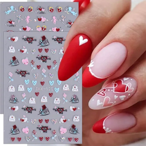 Vista 5 de 8 hojas de calcomanías de arte de uñas para el día de San Valentín, autoadhesivas, 3D, color plateado, rosa, rojo, labios, letras de corazón, diseño