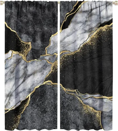 Vista 85 de Cortinas abstractas de mármol de lujo de lujo azul marino dorado a rayas con patrón de mármol estampado para dormitorio, sala de estar, cortinas