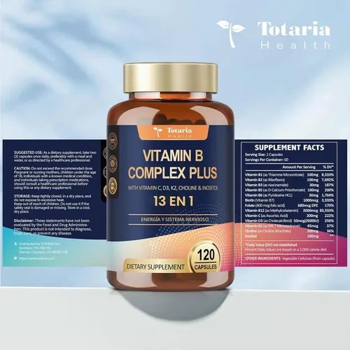Vista 8 de Complejo de Vitamina B Plus 13 en 1 con Vitamina B1, B2, B3 (Niacina), B4, B5, B6, B7 (Biotina), B8 (Inositol), B9 (Ácido Fólico), B12, C, D3, K2