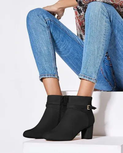 Vista 2 de Botas de tobillo para mujer, tacón grueso, punta redonda, hebilla multicorrea, cremallera lateral, botines de otoño, zapatos de vestir